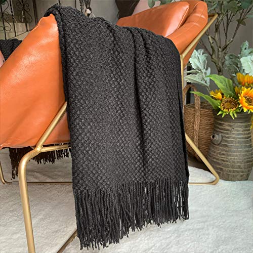 LOMAO Knitted Throw Blanket with Tassels Bubble Textured Lightweight Throws for Couch Cover Home Decor (Black, 60x80) - color: Black, size: 60x80"