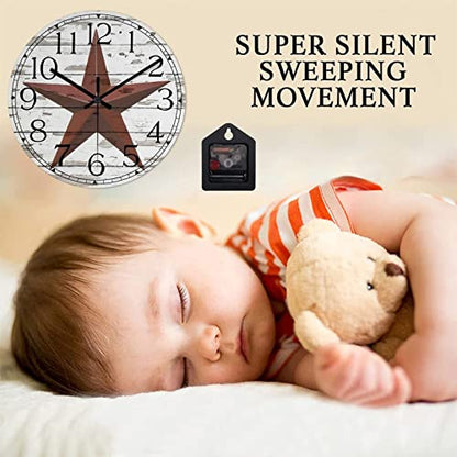 Round Farmhouse Wall Clock Western Texas Star Country Style Wood Clock Silent Non-ticking Battery Operated with Large Numbers Antique Wall Art Time Clock for Living Room Farmhouse School 15 Inch - color: Style-4, size: 15in