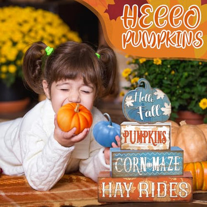 4 Pcs Fall Blue Pumpkin Decor for Home Hello Fall Wooden Signs with Blessed - style: Blue Pumpkin