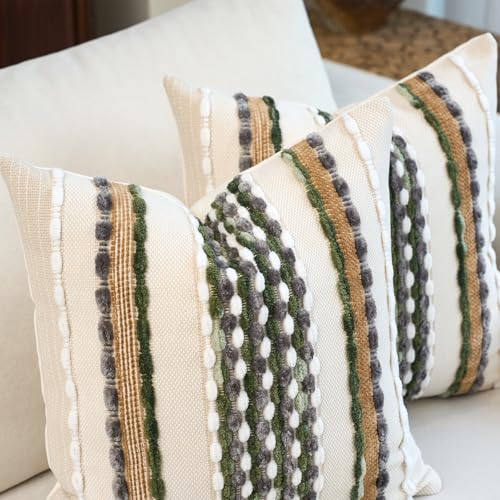 Aeckself Boho Pillow Covers 18x18 Inch Set of 2, Farmhouse Decorative Striped Square Chenille Tufted Accent Neutral Throw Pillow Covers for Living Room Couch Bed, Green - color: Green