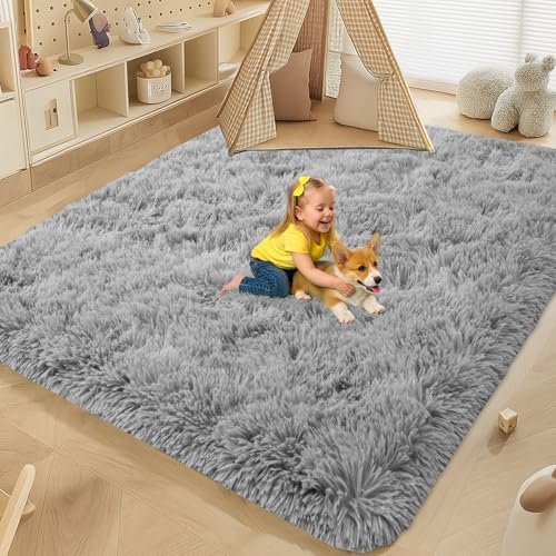 8x10 Grey Fluffy Shag Area Rug, Non-Slip Thick Soft Carpet for Home - color: Grey, size: 8' x 10' (Rectangular)