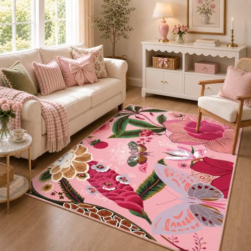 Tyrot Pink Boho Floral 3x5 Washable Area Rug Flat Woven Ultra Thin Low Pile Coquette Cute Rug Non Slip Indoor Botanical Butterfly Rug for Living Room, Bedroom, Entryway, Nursery, Dorm - color: Boho Rose, size: 3' x 5' (Rectangular)