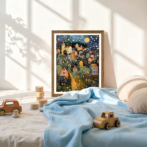 AVECCO Gustav Klimt Style Village Night Wall Art Framed Canvas 8x10 Inch - color: colorful, size: 10"L x 8"W