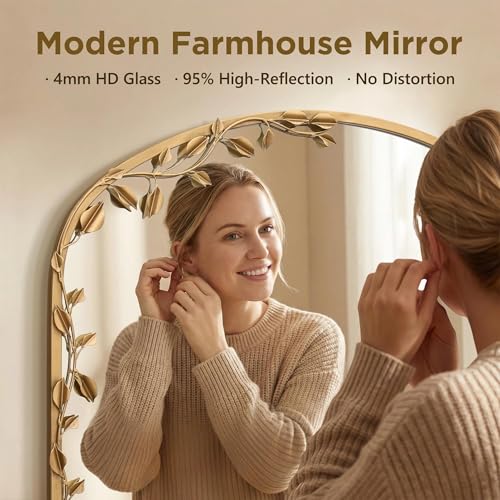Besdomus Arched Wall Decorative Mirror: 32"x30" Ornate Brass Gold Mirror - size: 32"L x 30"W