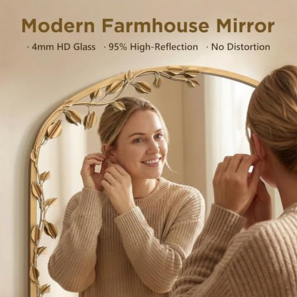 Besdomus Arched Wall Decorative Mirror: 32"x30" Ornate Brass Gold Mirror - size: 32"L x 30"W