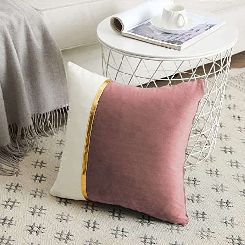 Fancy Homi 2 Packs Jam Decorative Throw Pillow Covers 18x18 Inch for Living Room Couch Bed Sofa, Mauve and White Velvet Patchwork with Gold Leather, Luxury Home Decor Square Cushion Case 45x45 cm - color: Jam, size: 18" x 18" (Pack of 2)