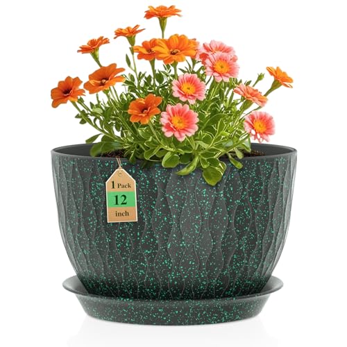 WSMKSZ 12 Inch Wide Water Ripples Flower Pots for Indoor or Outdoor Plants, Large Plant Pots with Drainage Holes & Saucer, Plastic Planters Set for Garden & Home Decor (Black with Green Speckles) - color: Black With Green Speckles