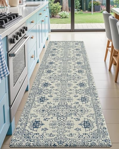 DEXI Kitchen Floor Mats Cushioned Anti Fatigue Runner Rug, 24x87 Blue - color: Blue/White, size: 87"L x 24"W x 0.4"Th