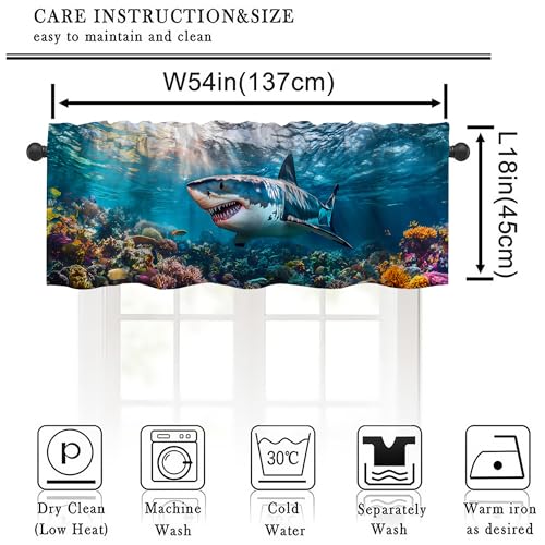 Shark Valance Curtains,Rod Pocket Valances for Windows,Small Window Treatment Valances for Kitchen,Living Room,Bedroom,Bathroom,Home Decor,18x54 Inch,1 Panel,Fish Coastal Underwater - color: Shark01, size: 54"W x 18"L (Pack of 1)