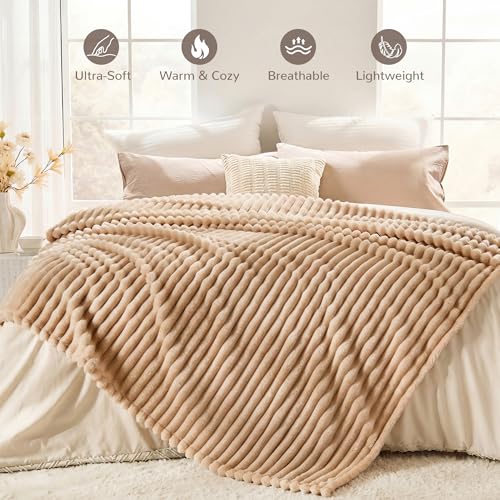 330GSM Ribbed Fleece Twin Blanket for Bed, Light Brown, 60"x80" - color: Light Brown, size: Twin(60"x80")
