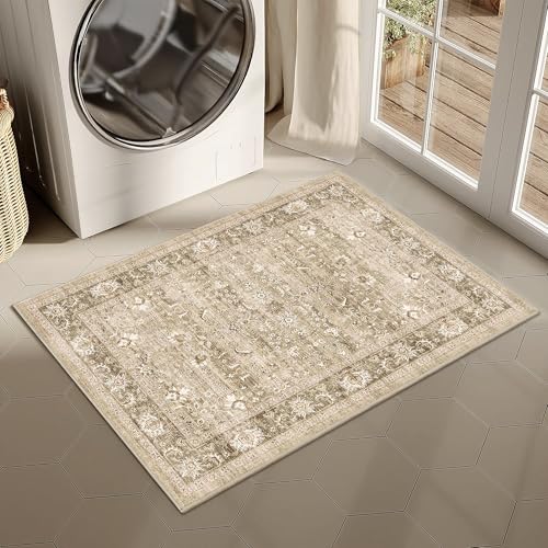 2x3 Washable Entryway Area Rug Non-Slip Distressed Khaki Door Mat - color: Accent | Beige Khaki, size: 2' x 3' (Rectangular)