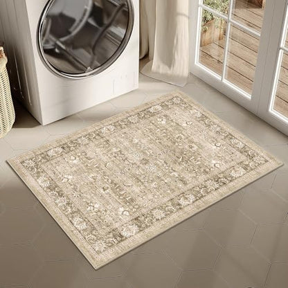 2x3 Washable Entryway Area Rug Non-Slip Distressed Khaki Door Mat - color: Accent | Beige Khaki, size: 2' x 3' (Rectangular)