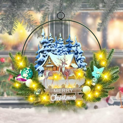 Pre-Lit Christmas Wreath for Front Door, Lighted Deer with 6H On/18H Off - color: Deer-warm White