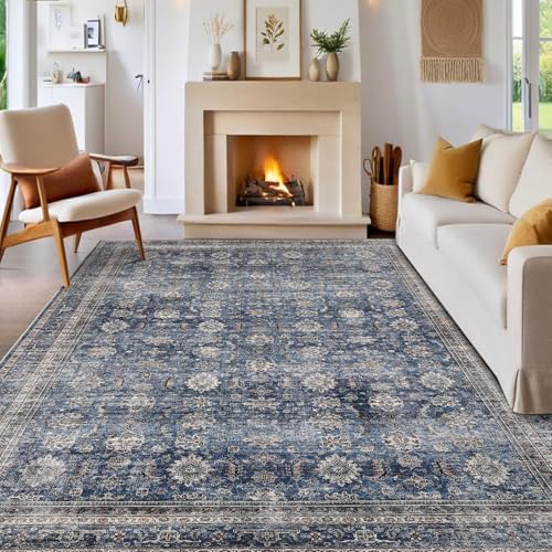 GarveeHome Vintage Rug 6x9 Floral Print Area Rug for Living Room Washable Non Slip Farmhouse Distressed Indoor Carpet Foldable Low Pile Soft Accent Throw Rug for Bedroom Home Nursery, Blue - color: Blue, size: 6' x 9' (Rectangular)