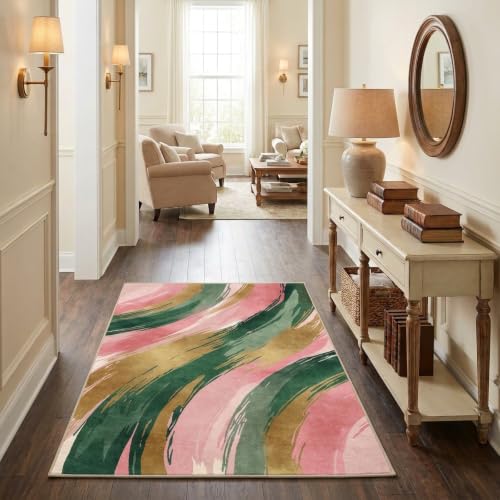 3x5 Pink and Green Area Rug, Modern Abstract Brushstroke Design - color: Pink/Green/Gold, size: 3' x 5' (Rectangular)