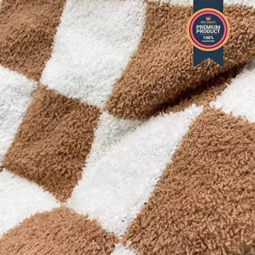 Ultra Soft Checkered Blanket Cozy Buffalo Check Throw Fluffy Knitted Reversible Throw Blanket Lightweight Fleece Checkerboard Grid Blanket for Sofa Couch Bed Travel, Orange Khaki, 51''x63'' - color: Orange Khaki