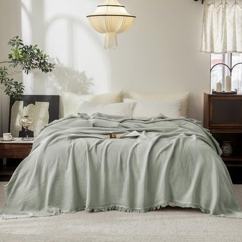 FOSSA Muslin Blanket 4-Layer 100% Cotton Gauze Blanket with Fringe 108"x98" - color: Sage Green, size: Super King(108" × 98")
