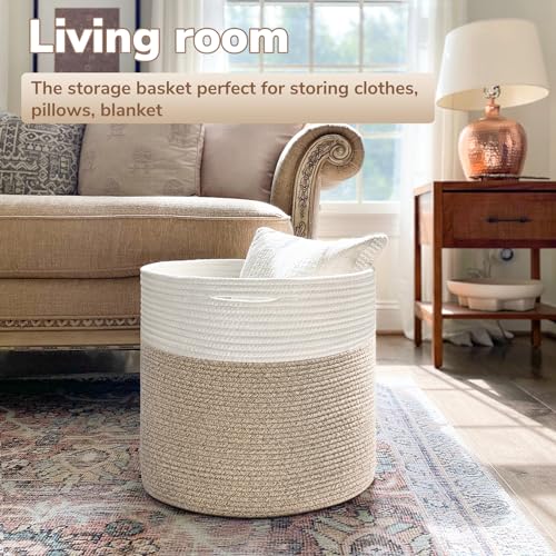 Goodpick Woven Rope Basket for Blankets Fit Nursery & Living Room, 45L - color: Light Brown, size: 15.8x15.8x13.8 Inch (Pack of 1)