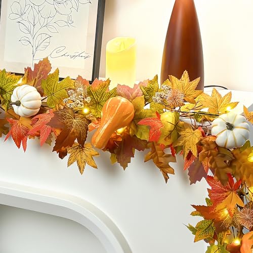 6ft Pumpkin Maple Leaf & Berries Fall Garland with Light String