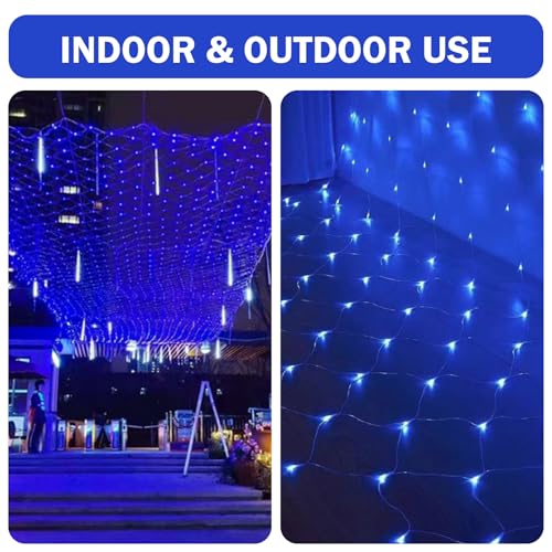 Net Mesh String Lights Waterproof, 200 Light Bubbles, 8 Lighting Modes, for Indoor Outdoor, Curtain, Christmas Tree, Bush, Party, Wedding, Fairy, Wall Decoration (9.8 ft x 6.6 ft, Blue)