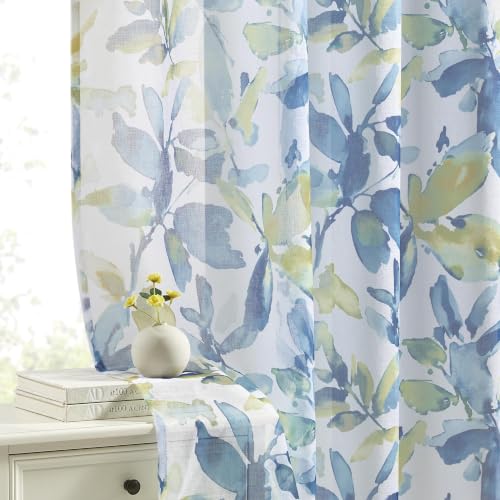 Farmhouse Sheer Curtains 96 Inch Length for Living Room 2 Panels - color: Leaf | Blue, size: 50"W x 96"L (Pack of 2)