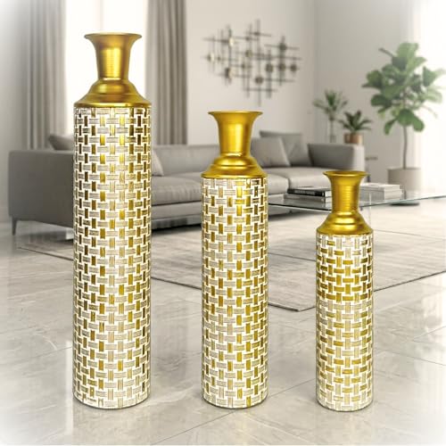 Leewadee Set of 3 Large Floor Vases Metal for Pampas Grass - color: Gold, White