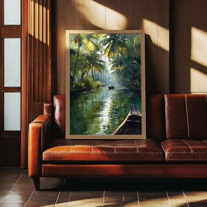 Kerala India Wall Art Framed, Tropical Jungle River Canvas Print - color: Tropicaljungle, size: 12"L x 16"W