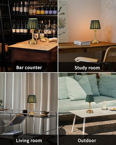 KDG Gold Cordless Table Lamps Set of 2, Green Fabric Shade Small Desk Lamp - color: Gold + Green Lampshde (2 Pack)