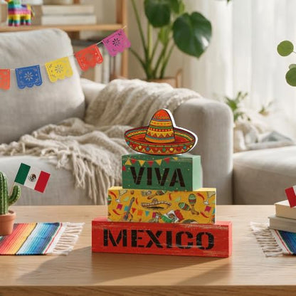 Smile Mexican Independence Day Wooden Block Decor Set Viva Mexico Sombrero Tiered Tray Tabletop Signs for Home and Party Decor - style: Mexico