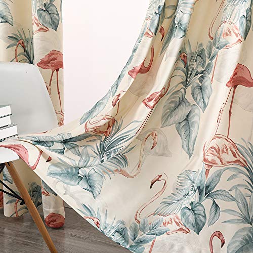 Autumn Dream White Blackout Curtains Grommet Top Microfiber Pastoral Leaves Flamingo Floral Farmhouse Curtains Drapes for Living Room,Bedroom,1 Panel, 52by84 inch - color: White Green Leaves Flamingo, size: 52"W x 84"L (Pack of 1)