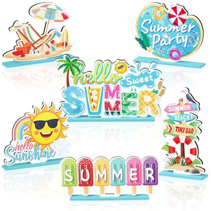 6 Pcs Hello Sweet Summer Wooden Table Decoration Sunshine Table Centerpiece - style: Summer