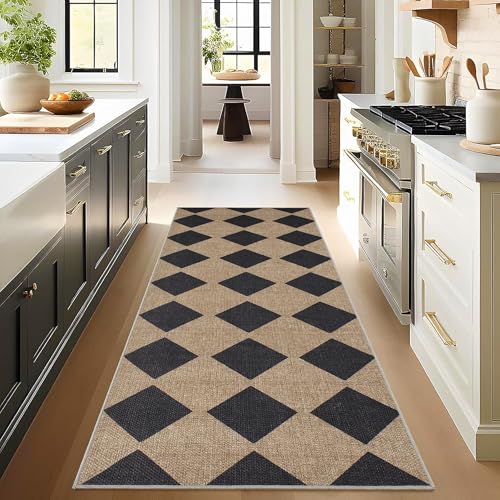 Zeeinx 2x6 Checkered Easy Jute Runner Rug Kitchen Runner Rugs for Hallway - color: Black/Checkered, size: 2'*6'(Runner)