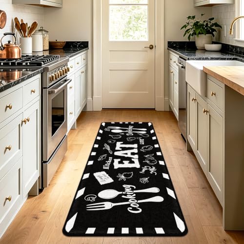 Kitchen Mats Non Slip, Kitchen Mats for Floor, Machine Washable Comfort Cushioned Soft Faux Wool Runner Rugs for Sink, Laundry Room, Office, Hallway, Eat Motto Design, Blackish, 20"x47" - color: Eat Motto Kitchen Mat, size: 1'8" x 3'11" (Runner)
