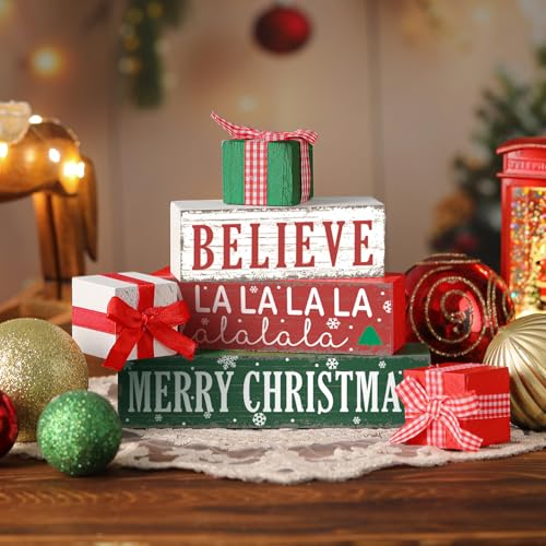 Geelin 4 Pcs Christmas Wooden Table Decorations Gift Boxe Tiered Tray Decor - style: Gift