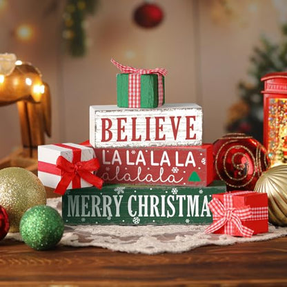 Geelin 4 Pcs Christmas Wooden Table Decorations Gift Boxe Tiered Tray Decor - style: Gift