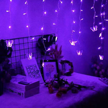 Butterfly Curtain Fairy Lights USB Plug in,8 Modes 120 LED 19.7FT Firefly Twinkle Timer String Lights with Remote, Waterproof Copper Wire for Bedroom Patio Christmas Wedding Party Dorm (Purple) - color: Purple