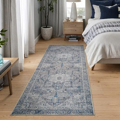 Bloom Rugs Washable Non-Slip 7 ft Runner - Blue/Gray Traditional Runner for Entryway, Hallway, Bathroom, and Kitchen - Exact Size: 2.5' x 7' - color: Blue / Gray, size: 2'6" x 7' (Runner)