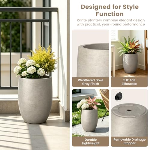 Kante Small Round Curved Weathered Concrete Planter 9.1" Dia, Outdoor - color: Weathered Concrete, size: 11.8 Inch Tall