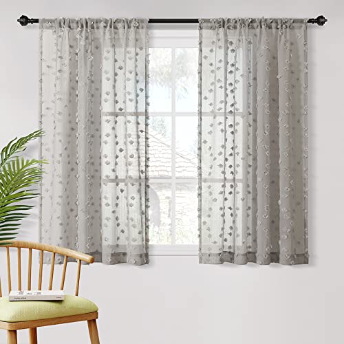MYSKY HOME Grey Sheer Curtains with Pom Pom for Living Room 36x54,2 Panels - color: 1-grey, size: 36"W x 54"L (Pack of 2)