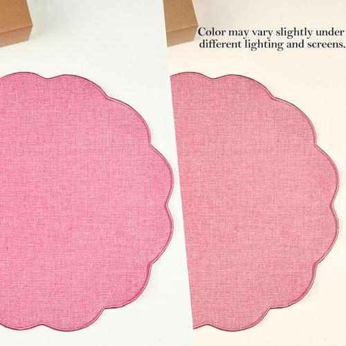 AHHFSMEI Round Scalloped Placemats Set of 6 15 Inch Faux Linen - color: Pink