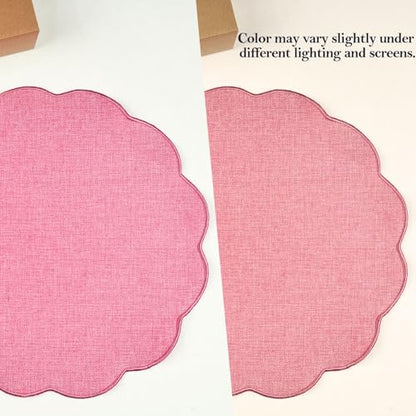 AHHFSMEI Round Scalloped Placemats Set of 6 15 Inch Faux Linen - color: Pink