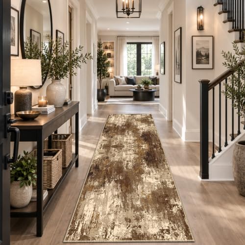 RELEANY Washable Runner 2'x8' Abstract Area Rug for Hallway Brown Tan - color: Brown/Tan, size: 2' x 8' (Runner)