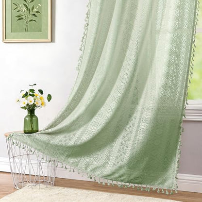 Green Boho Sheer Lace Window Curtains with Tassel, 40" Wx84 Lx2 - color: Green, size: 40"W x 84"L (Pack of 2)