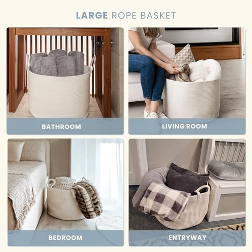 OrganiHaus Round Toy Basket & Blanket Basket, Cotton Rope 20x13" - color: Full Off-White, size: Wide