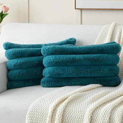 HAUSSY Pack of 2 Faux Fur Lumbar Throw Pillow Covers 12x20 Inch, Teal - color: Teal, size: 20" x 12" (Pack of 2)