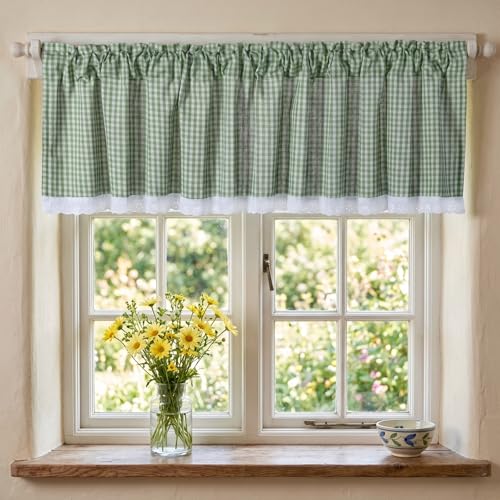 Farmhouse Valance Curtains, Cotton Kitchen Valance Rustic Style Window Valance Half Curtain for Living Room Bathroom Cafe, Rod Pocket, Green White Gingham Plaid, 59 X 20 Inch - color: Green White Gingham Plaid, size: 59"W x 20"L (Pack of 1)