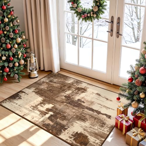 Kelarea Washable Entryway Rug 2x3, Non-Slip Low Pile Abstract Brown - color: Brown, size: 2' x 3' (Rectangular)
