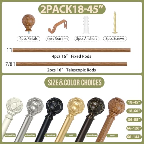 TANGWIN 2 Pack Wood Curtain Rods for Windows 28 to 48 Inch(2.3-4Ft),1 Inch Adjustable Curtain Rod,Heavy Duty Curtain Rods,Wooden Netted Texture Drapery Rods,Single Window Curtain Rod 18-45",Brown Wood - color: Wood, size: 18-45" & 2pack