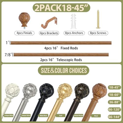 TANGWIN 2 Pack Wood Curtain Rods for Windows 28 to 48 Inch(2.3-4Ft),1 Inch Adjustable Curtain Rod,Heavy Duty Curtain Rods,Wooden Netted Texture Drapery Rods,Single Window Curtain Rod 18-45",Brown Wood - color: Wood, size: 18-45" & 2pack