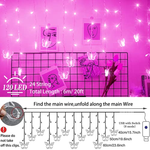 120 LED Butterfly Curtain Fairy Lights USB Plug in,8 Modes 20FT Firefly Twinkle Timer String Lights with Remote, Waterproof Copper Wire for Bedroom Valentine's Day Wedding Party(Pink) - color: Pink